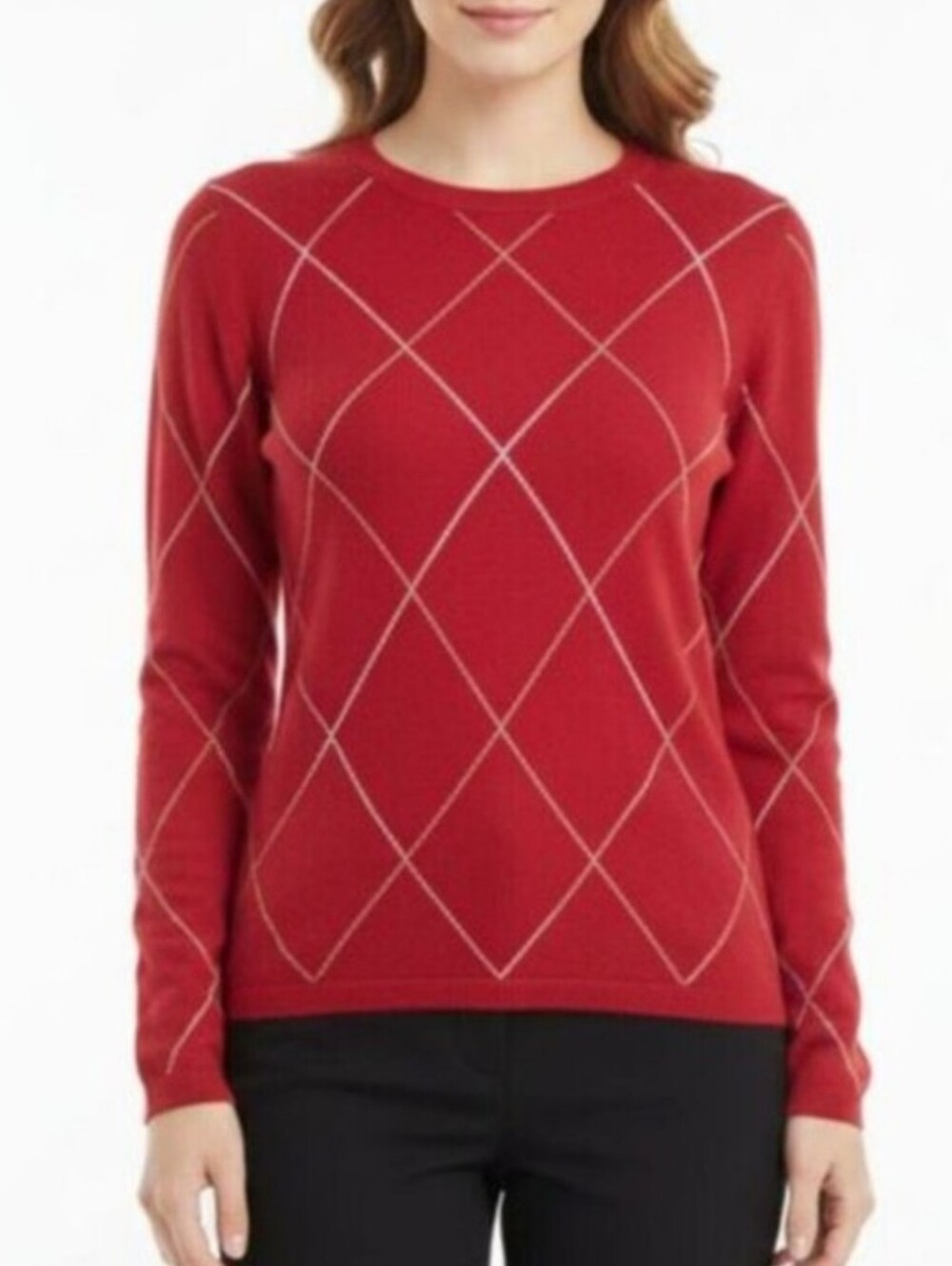 Lands End Red 100% Cashmere Crewneck Sweater Red & White Argyle Diamond L 14-16